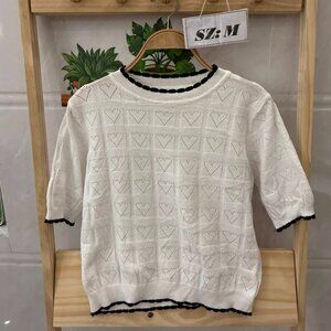White Heart Pointelle Knit Top Black Scallop Trim